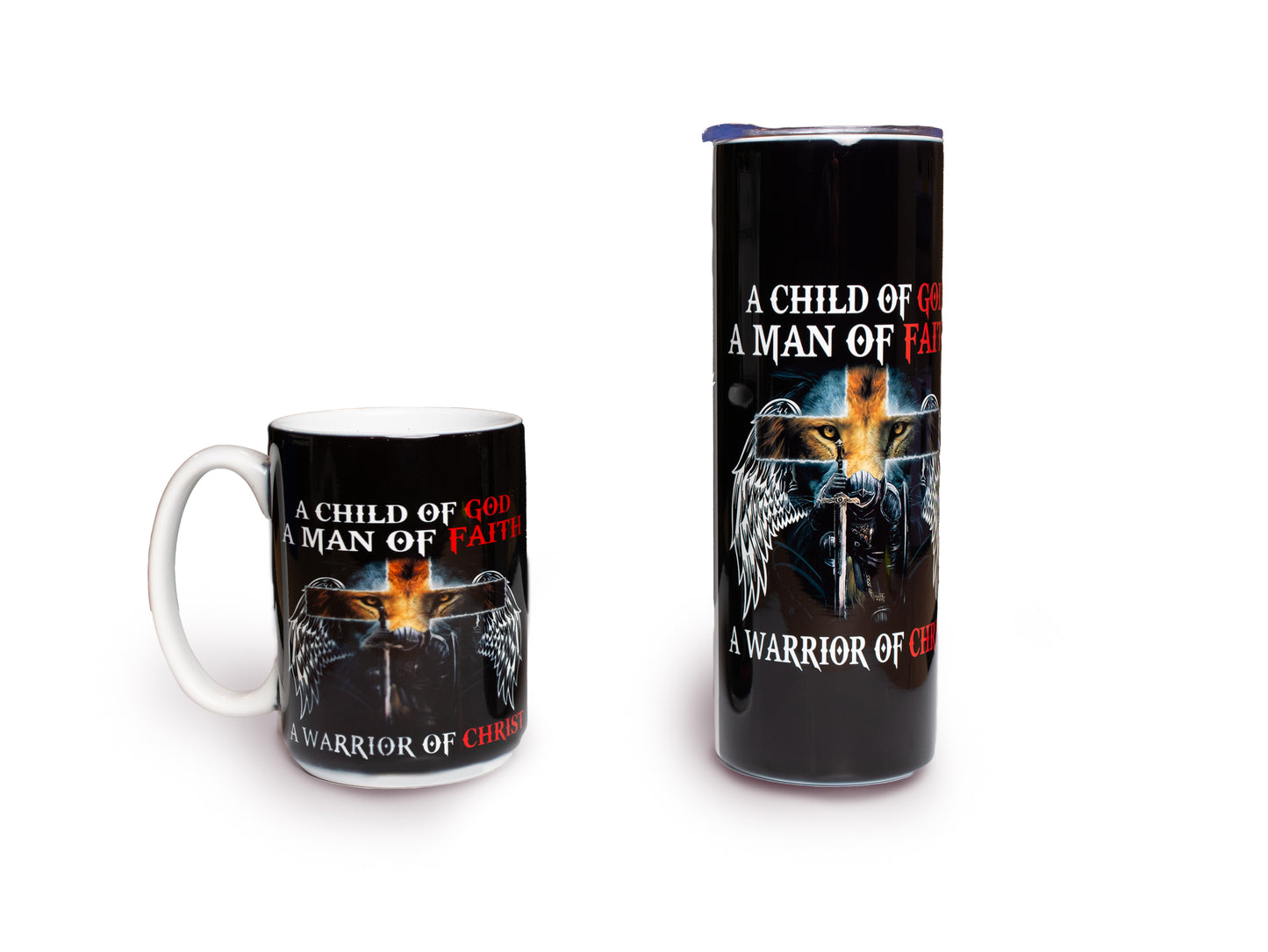 A Child of God, Man of Faith, Warrior of God 20 oz Tumbler and 15 oz Mug Gift Set