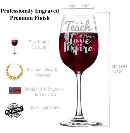 Teach Live Inspire 12oz Engraved Tempered Wine Glass