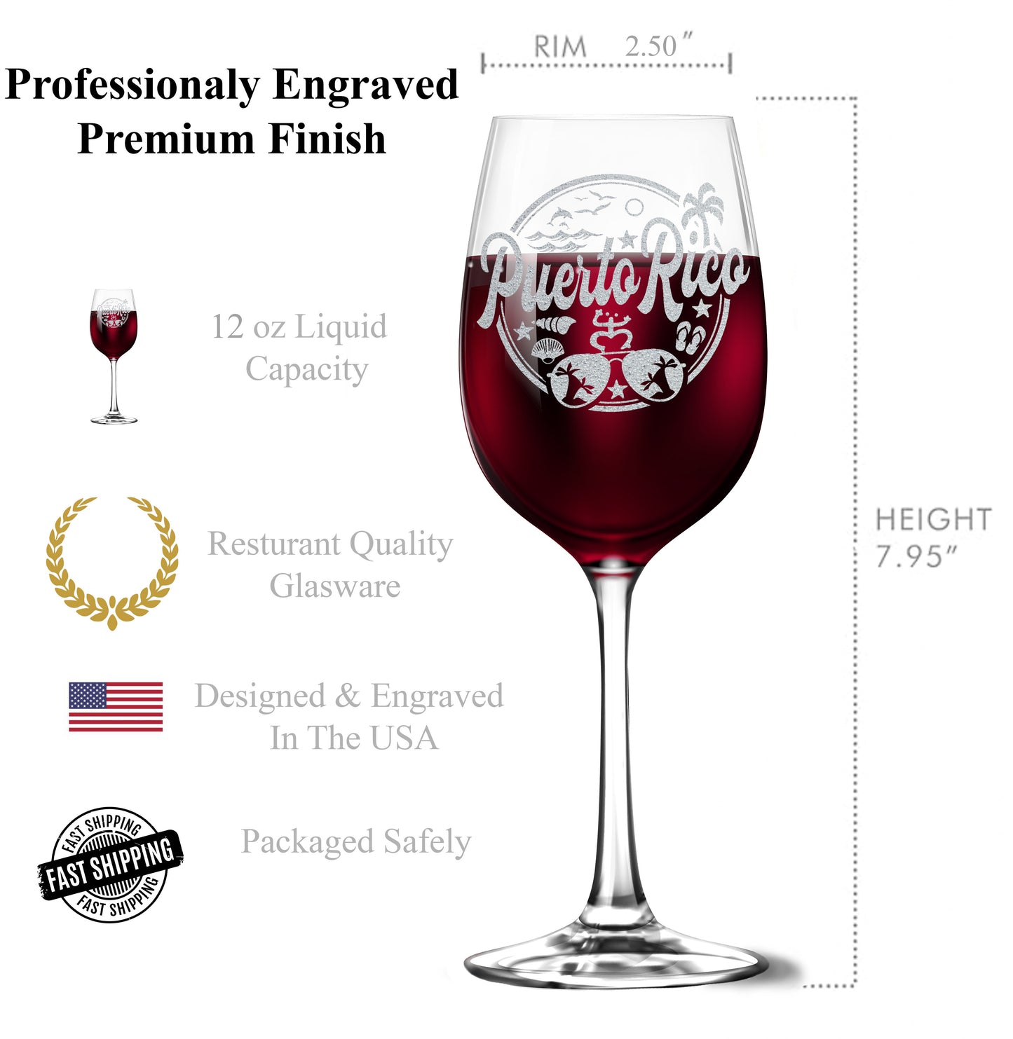 Puerto Rico 12 oz Tempered Wine Glass