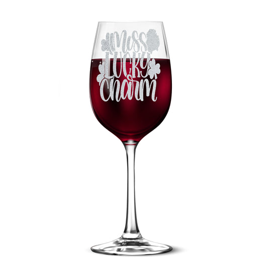 Miss Lucky Charm 12oz Engraved Tempered Wine Glass