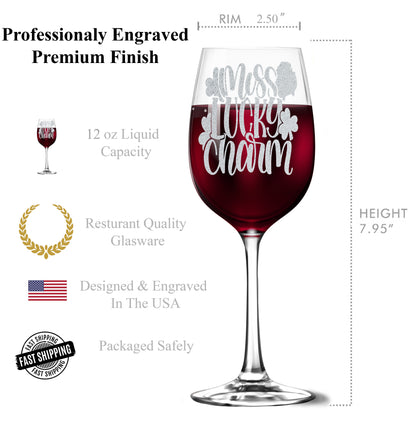 Miss Lucky Charm 12oz Engraved Tempered Wine Glass