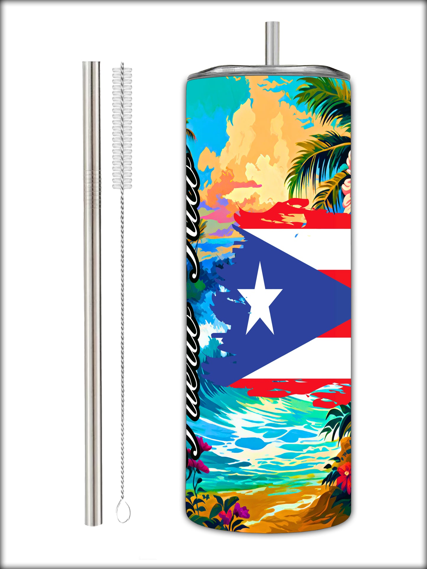 "Puerto Rico" On the Beach 20oz Stainless Steel Tumbler With Straw And Straw Cleaner