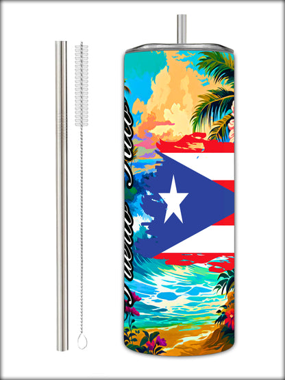 "Puerto Rico" On the Beach 20oz Stainless Steel Tumbler With Straw And Straw Cleaner