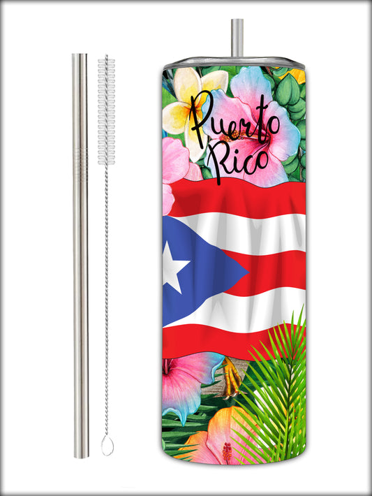 "Puerto Rico" Flowers 20oz Stainless Steel Tumbler With Straw And Straw Cleaner