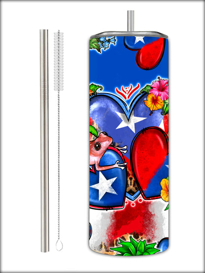 "Puerto Rico" Coqui Heart Flag 20oz Stainless Steel Tumbler With Straw And Straw Cleaner