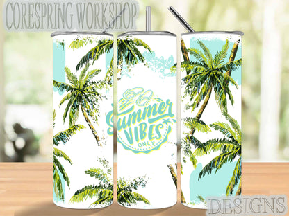 Palm Trees "Summer Vibes" 20oz Stainless Steel Tumbler With Straw And Straw Cleaner