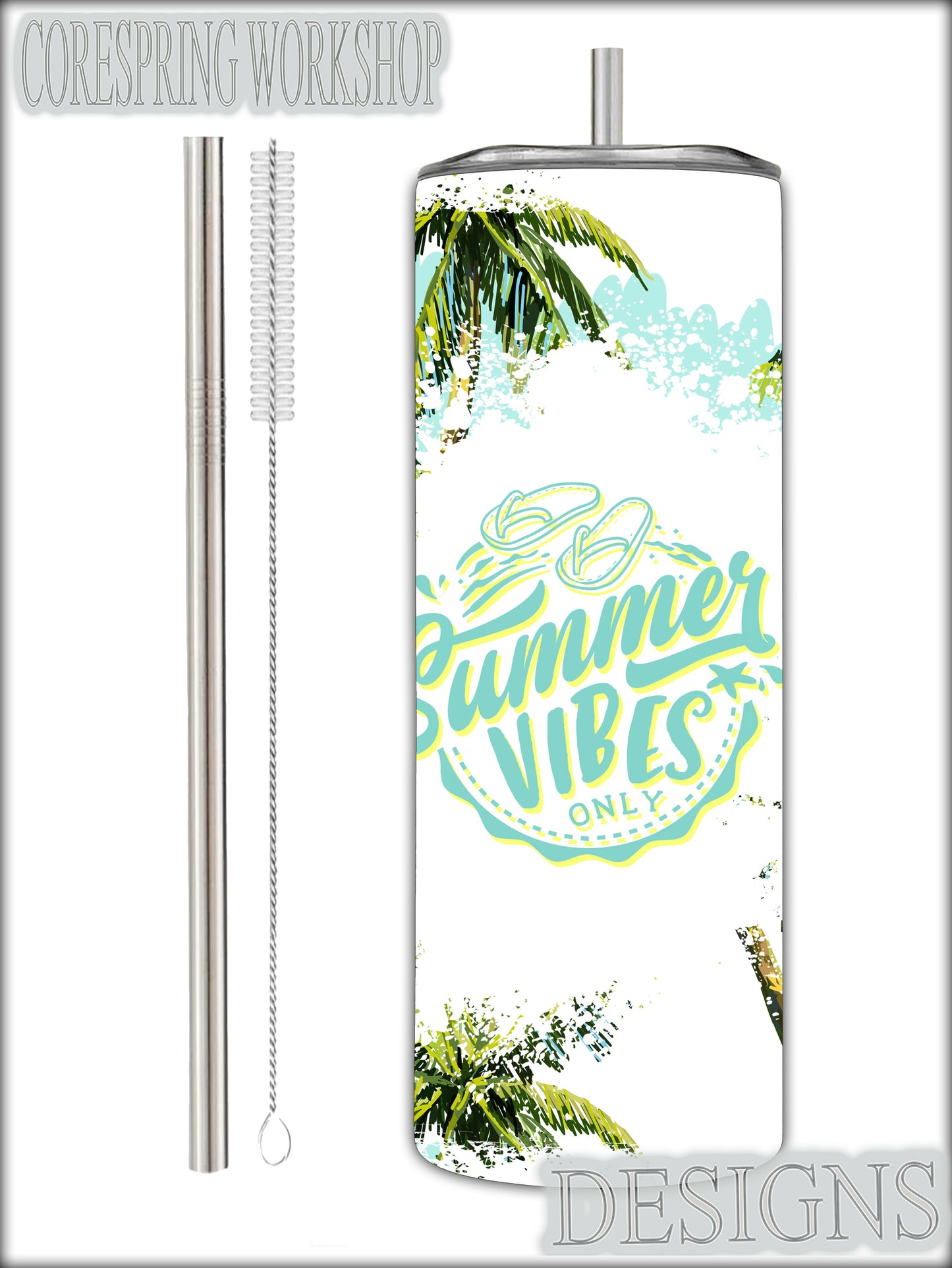 Palm Trees "Summer Vibes" 20oz Stainless Steel Tumbler With Straw And Straw Cleaner