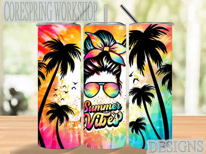 Messy Hair "Summer Vibes" 20oz Stainless Steel Tumbler With Straw And Straw Cleaner