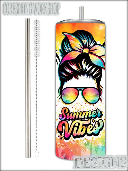 Messy Hair "Summer Vibes" 20oz Stainless Steel Tumbler With Straw And Straw Cleaner