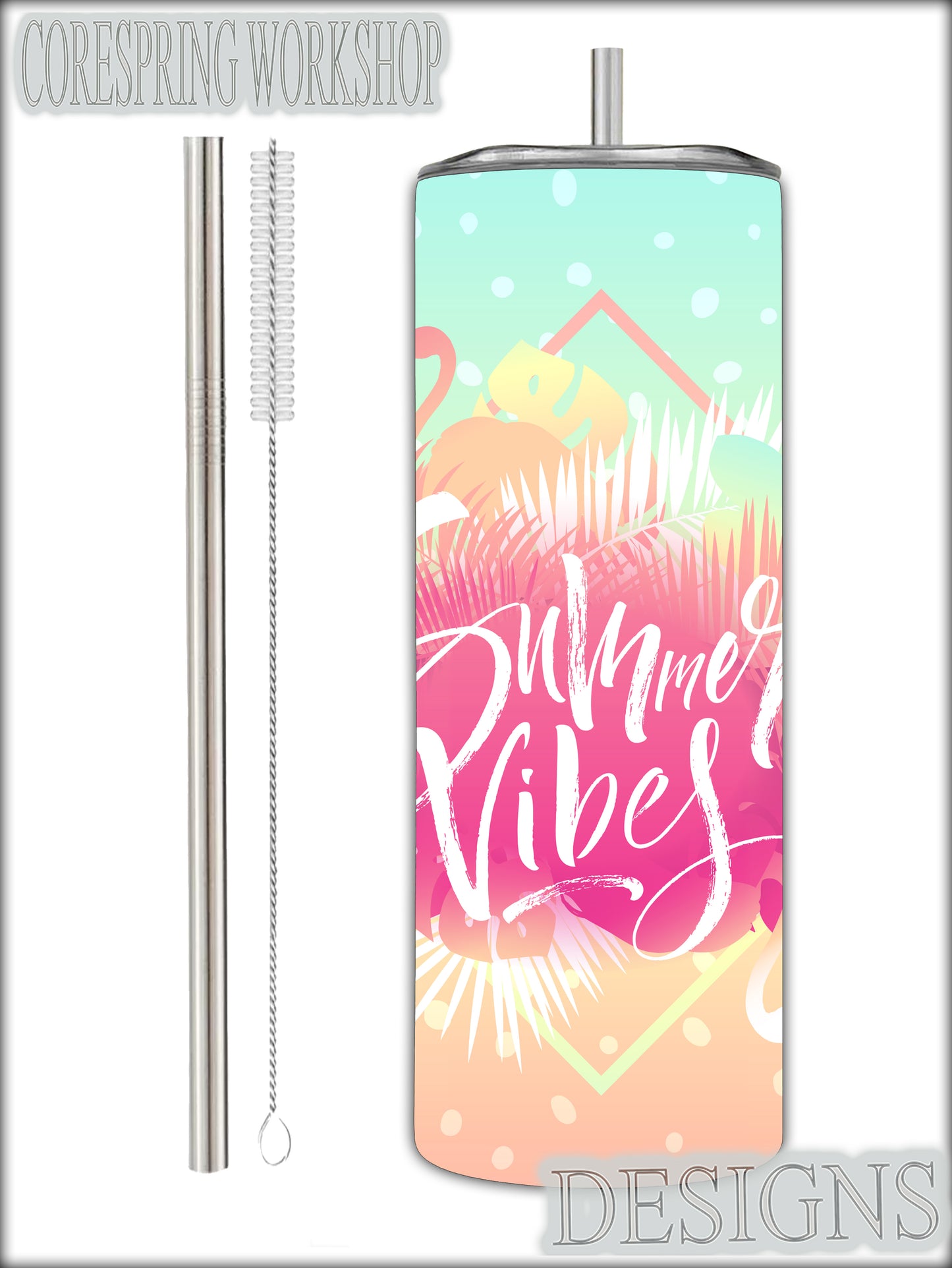 Cool "summer Vibes" 20oz Stainless Steel Tumbler With Straw And Straw Cleaner