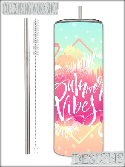 Cool "summer Vibes" 20oz Stainless Steel Tumbler With Straw And Straw Cleaner