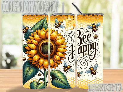 "Bee Happy" Sunflower 20oz Stainless Steel Tumbler With Straw And Straw Cleaner