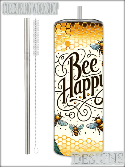 "Bee Happy" Sunflower 20oz Stainless Steel Tumbler With Straw And Straw Cleaner