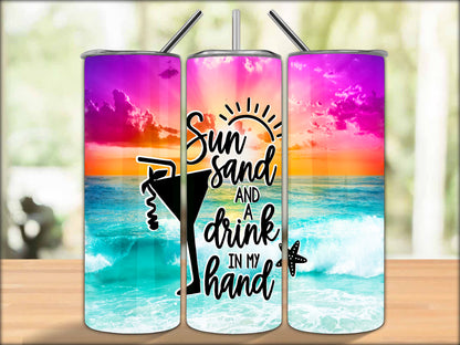 "Sun Sand and a Drink in My Hand" Summer Vibes 20oz Stainless Steel Tumbler With Straw And Straw Cleaner