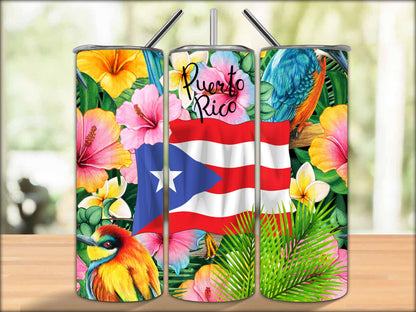 "Puerto Rico" Flowers 20oz Stainless Steel Tumbler With Straw And Straw Cleaner