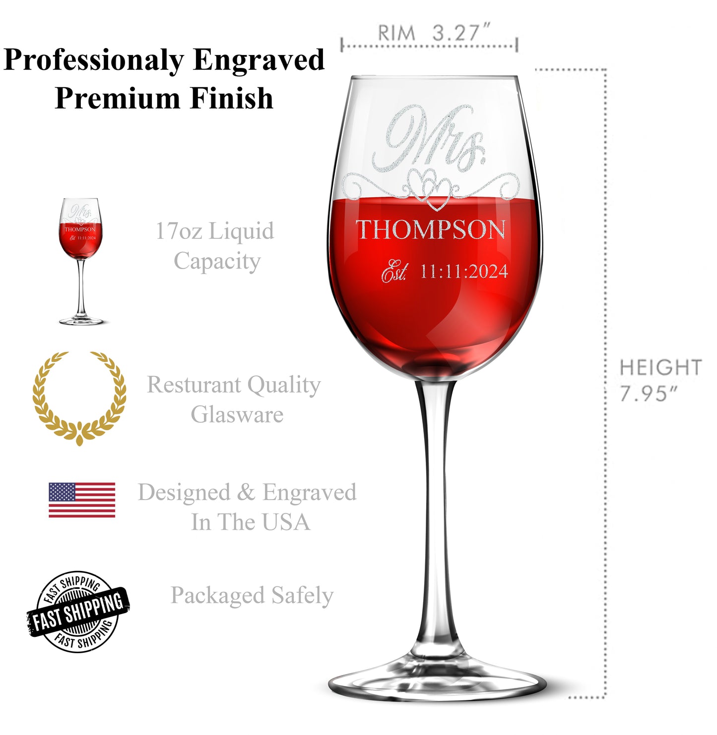 Personalized Wine Glass Set With Stem - Custom Engraved With Your Text - Premium Finish